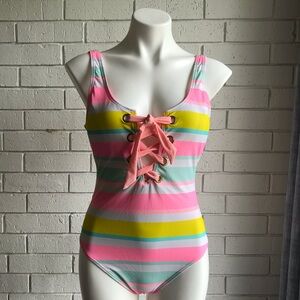 Island Soul One Piece Swimsuit Lace Up Bright Pastel Colors Size Large